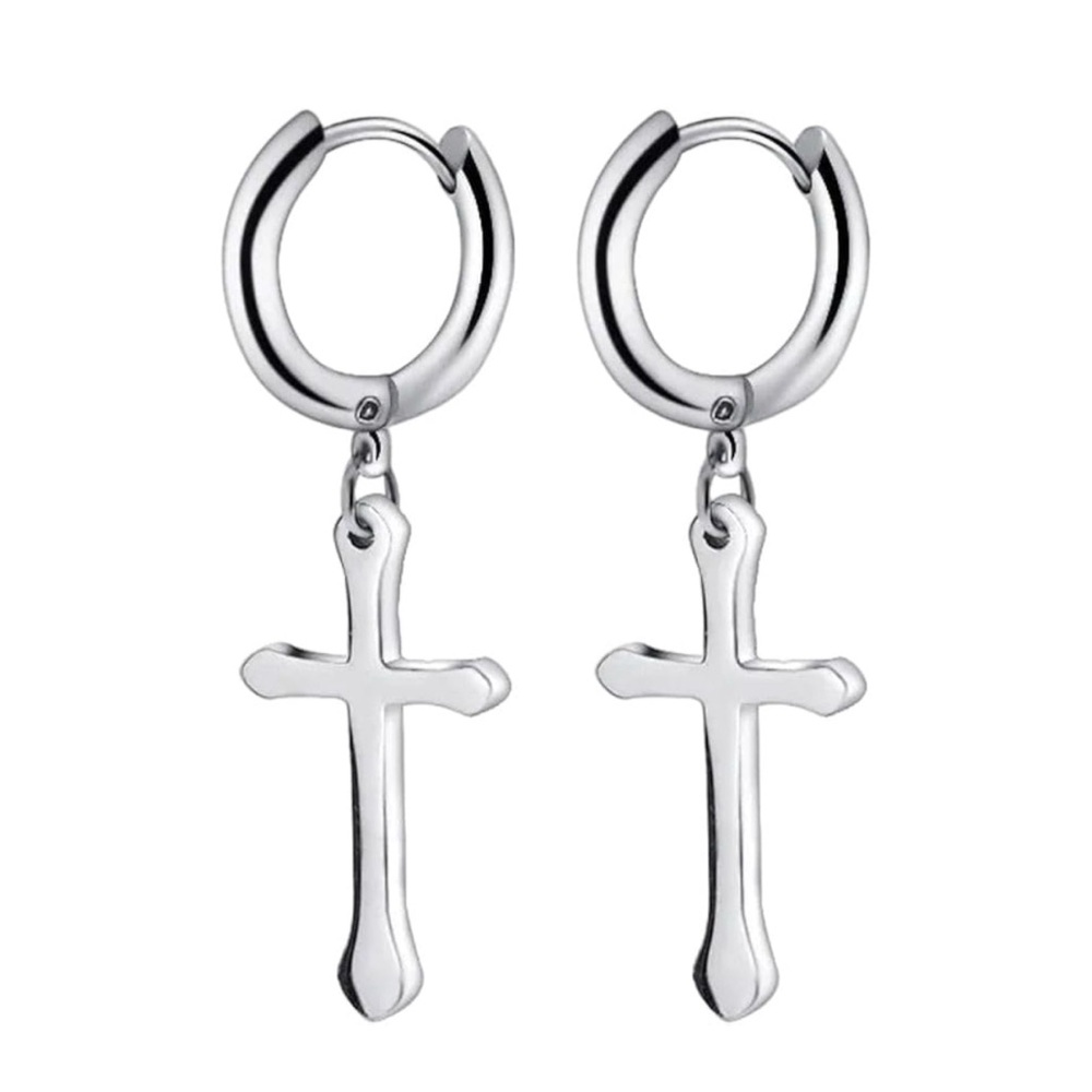 Cross Dangle Hoop Earrings Titanium Steel Silver